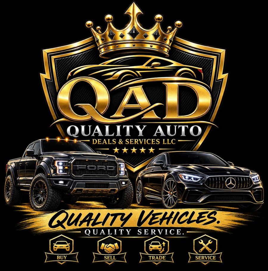Quality Auto Deals & Services crest with a black pickup and sedan — buy, sell, trade, service